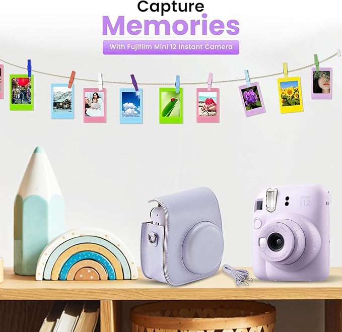 Fujifilm Instant Mini 12 Instant Camera + BluebirdSales Accessory Bundle & Custom Case + Fuji (20 Shots) Film + 5 Color Lens Filters + Mini Frames Designer Mini Photo Album (60 Pockets) (Lilac Purple)