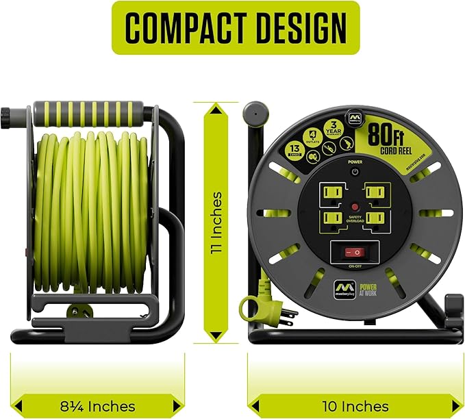 80ft Cord Reel, Retractable Extension Lead with Winding Handle, Safety Overload Circuit Breaker and Power Switch, 4X Grounded Outlets, 13amps, 14AWG Cable