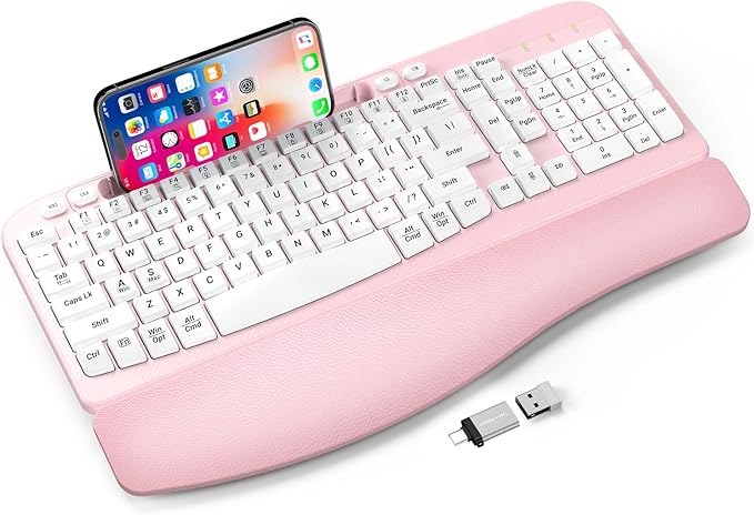Ergonomic Wireless Keyboard with Cushioned Wrist Rest, Wave Keys, Phone Holder, Comfortable Natural Typing, 2.4GHz Full Size Cordless USB Computer Keyboard for Laptop, Mac, Windows (Pink)