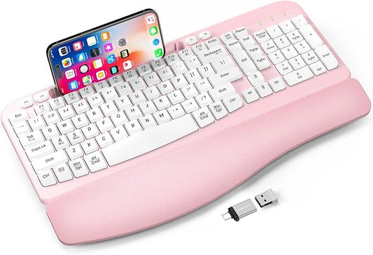 Ergonomic Wireless Keyboard with Cushioned Wrist Rest, Wave Keys, Phone Holder, Comfortable Natural Typing, 2.4GHz Full Size Cordless USB Computer Keyboard for Laptop, Mac, Windows (Pink)