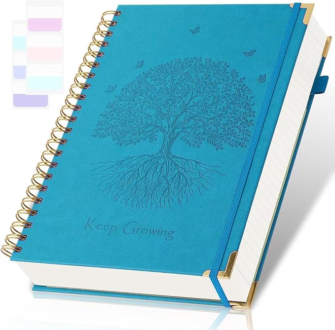 Spiral Notebook, College Ruled Notebook, 8" x 10", 300 Pages Leather Journals for Writing, B5 Hardcover Journaling Notebooks for Work School, 24pcs Tabs, Large Embossed Journal for Women Men, Blue2