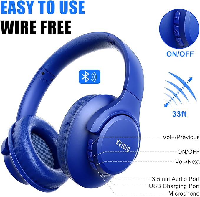 KVIDIO Bluetooth Headphones Over Ear, 65 Hours Playtime Wireless Headphones with Microphone, Foldable Lightweight Headset with Deep Bass, HiFi Stereo Sound Low Latency for Travel Work Cellphone