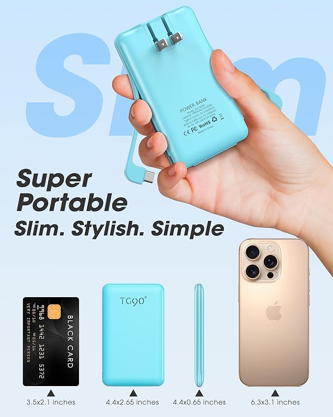 TG90° 5000mAh Portable Charger with Built-in Foldable AC Wall Plug and Cables, USB C Ultra Small Power Bank External Battery Pack Compatible with iPhone 16 15 14 13 12 Samsung S22 S21 Google iPad