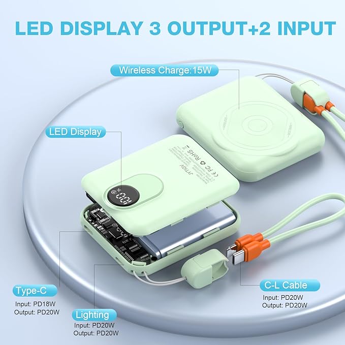 Small Magnetic Power Bank,5000mAh Mag-safe Battery Pack with 20W Fast Charging Detachable USB C&iOS cable,with LED Display,Slim Wireless Portable Charger for iPhone16/15/14/13/12 Series (Green)