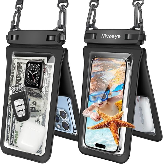 Niveaya Double Space Waterproof Phone Pouch (2-Pack) - IPX8 Cell Phone Dry Bag for Beach, Kayak, Cruise Travel Essentials - Compatible with iPhone 17/16/15/14 Pro Max Galaxy S25/S24 Ultra (up to 8.3")