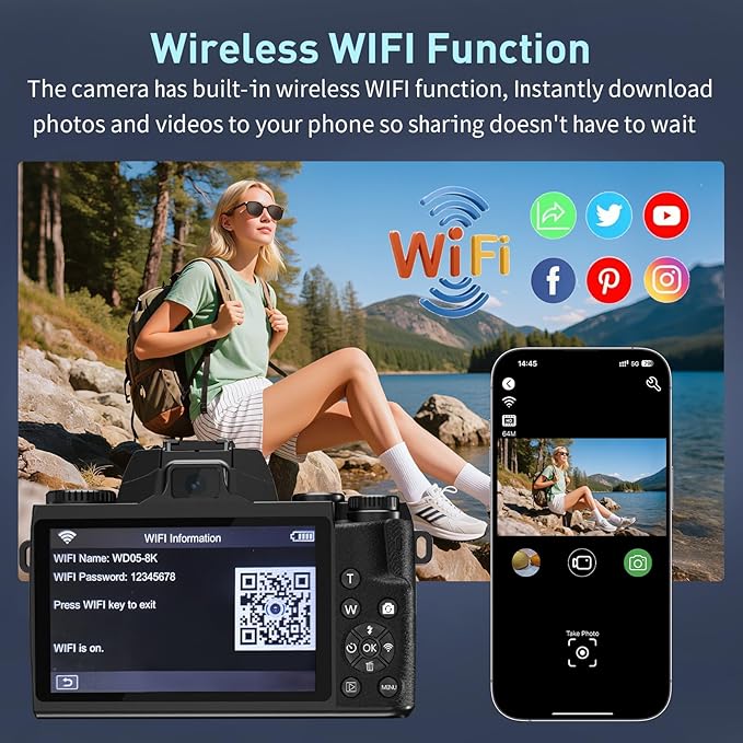 8K Digital Camera for Photography, WiFi & Dual-Lens Vlogging Camera for YouTube with 4" Touch Screen, 64MP Vlog Cameras 16X Digital Zoom with 3000mAh Battery, 32GB TF Card & Lens Hood(Black)