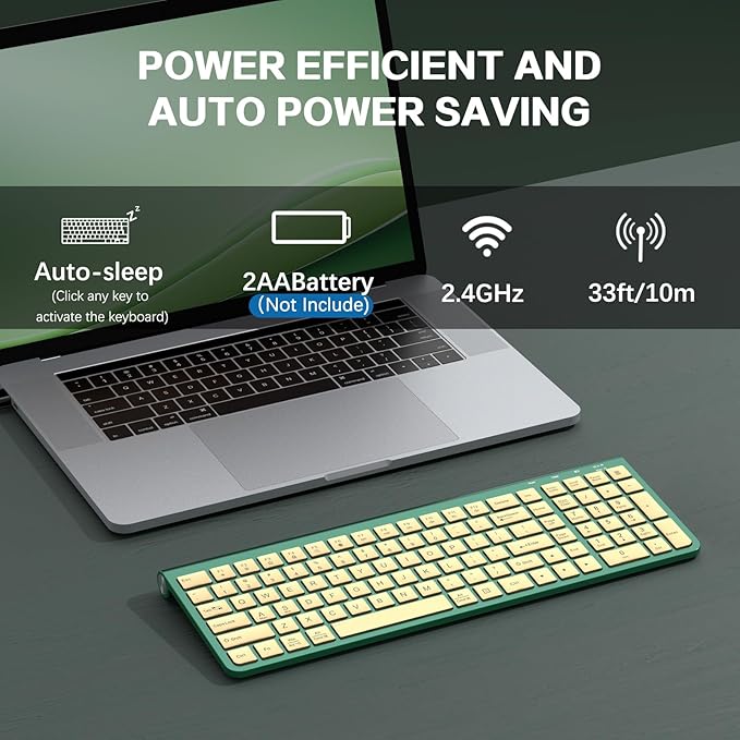 JOYACCESS Slim Compact Wireless Keyboard - Full-Size Silent Keys & Ergonomic Design, Number Pad & Dustproof Cover for Windows/Mac - Emerald Green