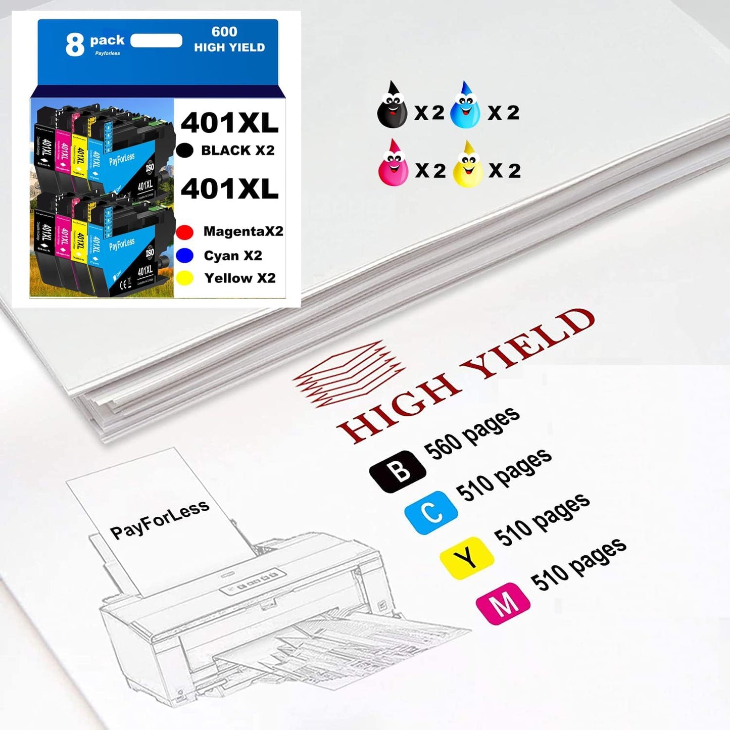 LC401XL Ink Cartridges for Brother Printer Compatible LC401 Ink Cartridges for MFC-J1010DW MFC-J1012DW MFC-J1170DW Printer 8 Pack (2 Black, 2 Cyan, 2 Magenta, 2 Yellow)