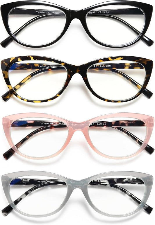 EYEURL 4 Pack Cat Eye Reading Glasses for Women, Blue Light Blocking Readers Lightweight Spring Hinge Anti Eyestrain UV Fashion Eyeglasses +2.00