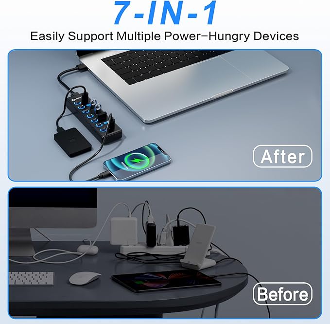 7-Port USB 3.2 Hub, Data USB Hub Splitter with Individual On/Off Switches and Lights, Compatible with Laptop, PC, MacBook, Mac Pro, Mac mini, iMac, Surface Pro and More