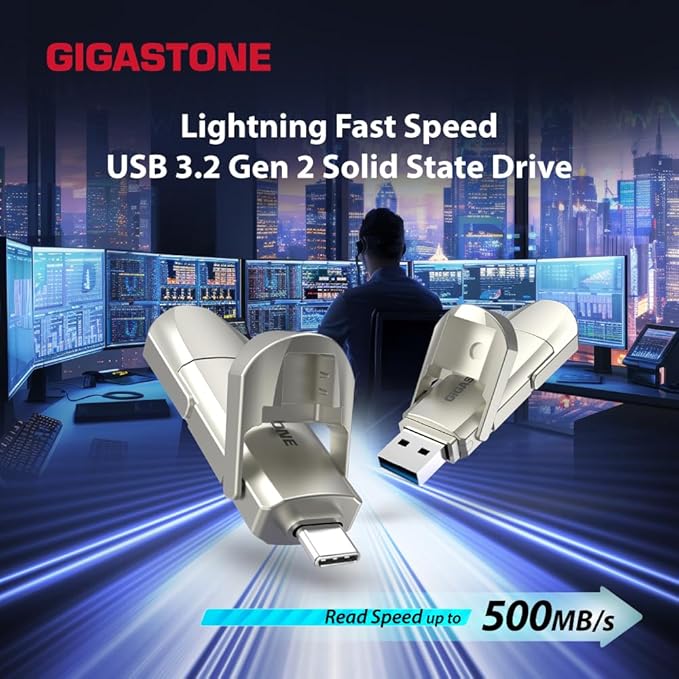 Gigastone Duo Pro Flip USB-A+C 512GB (2-Pack) Dual External Portable SSD 500MB/s Supports Apple 4K 60fps ProRes HDR Video Recording USB3.2 Gen 2 for iPhone 16 PS5 Mac iPad Laptop Android