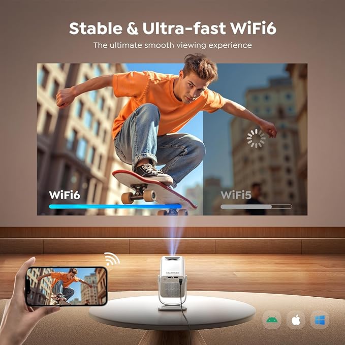 Mini Projector with WiFi6 and Two-Way Bluetooth5.4, 4K Smart 1080P Portable Outdoor Movie Proyector with Android 13 & Built-in Apps, Auto Keystone & 270° Rotation,Compatible with Phone/HDMI/TV Stick