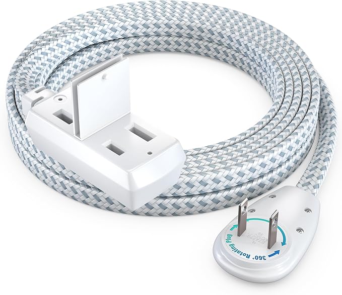 Maximm 10 Ft Extension Cord, 2 Prong, 360° Rotating Flat Plug, UL Certified, Gray – Space-Saving Indoor Power Cord for Tight Spaces, Polarized, Braided