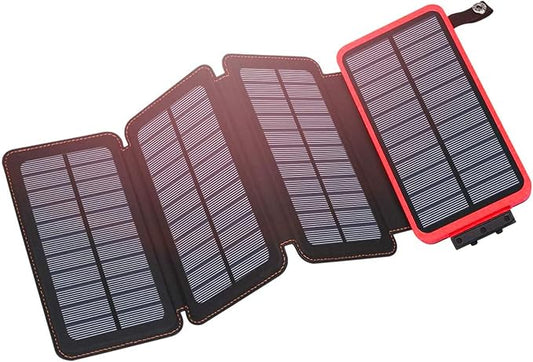 Hiluckey Solar Charger 25000mAh, Outdoor USB C Portable Power Bank with 4 Solar Panels, 3A Fast Charge External Battery Pack with 3 USB Outputs Compatible with Smartphones, Tablets, etc. (Red)