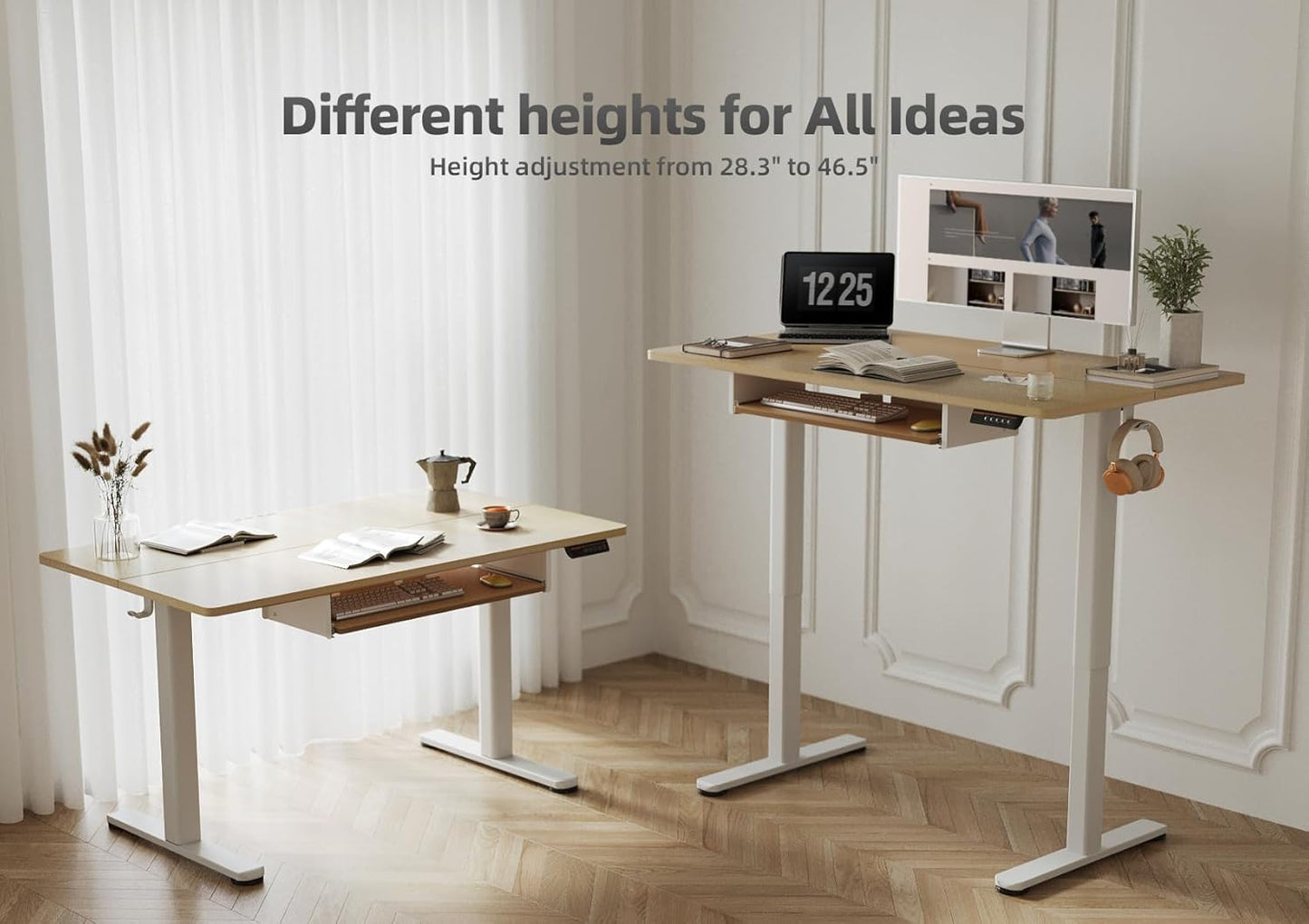 YDN Standing Desk, Height Adjustable Computer Desk with Keyboard Tray, 48 Inch Natural Ergonomic Desk for Home Office and Gaming