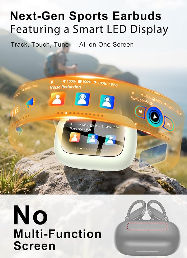 Wireless Earbuds, ENC Noise Cancelling Sport Ear Buds with Smart Touch Screen Charging Case, Bluetooth 5.4 Headphones, Bass Stereo Sound, 5 EQ Over-Ear Earbuds for Sports/Workout/Gym-Rice