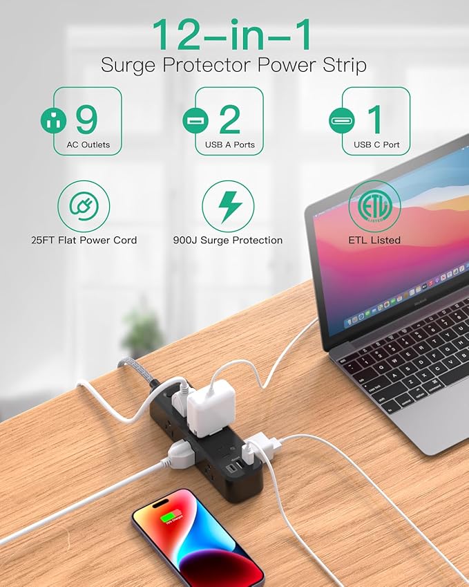 Extension Cord 25FT, Surge Protector Power Strip, Long Extension Cord with 9 Outlets 3 USB Ports, Extension Cord with Multiple Outlets, USB Power Strip for Home, Dorm Room Essentials, College, Black