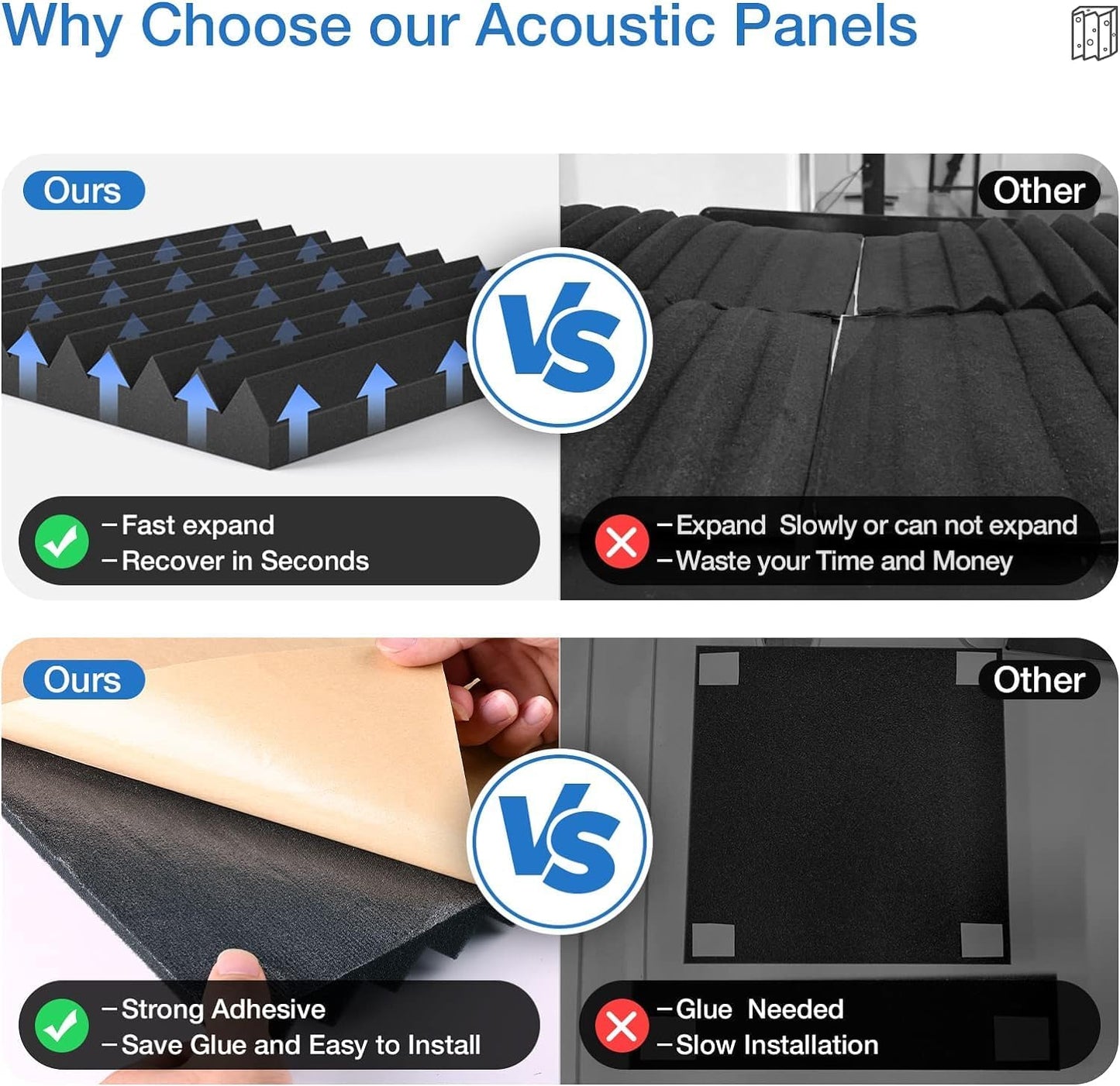 12 Pack Self-Adhesive Acoustic Panels - 1”X 12”X 12”Wall Panels - Quick-Recovery and High Density Sound Panels - Sound proof Acoustic Foam for Home Studio - Gray