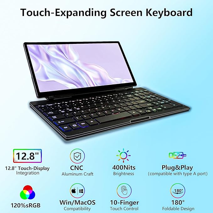 Portable Touchscreen Monitor with Silent Keyboard 12.8-inch Ultra-Slim Stretched Bar Screen Folding FHD 120% sRGB, USB-A/C Compatible Screen for Computers, Laptops, Mini PCs, Consoles, Phones
