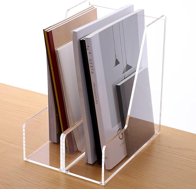 Magazine Holder, Clear Acrylic Desk Organizers, File Organizer for Desk, Magazine Rack- Desktop Book Storage -Independent Vertical 1 Space-2 Pack