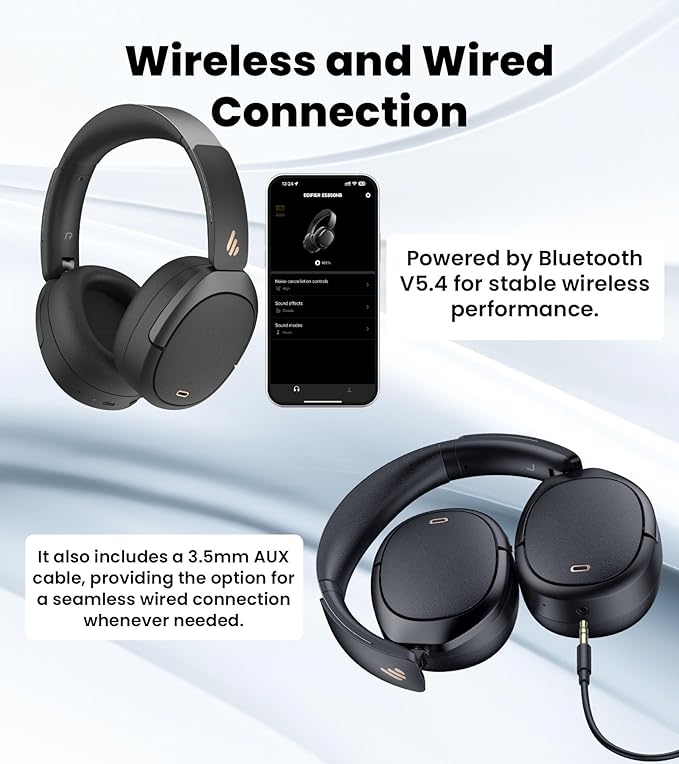 Edifier W80 Over Ear Headphones with -49dB Active Noise Cancelling, LDAC Hi-Res Wired & Wireless, AI Clear Call, Fast Charging, Multipoint Connection, Bluetooth V5.4 - Black