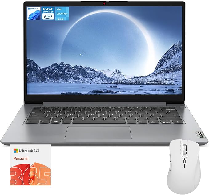 Lenovo IdeaPad 1 Everyday Laptop, 14" HD Display, 12GB RAM, 384GB Storage(128GB eMMC + 256GB PCIe), 1 Yr Office 365 Included, Intel Core Processor, Win 11 Home, Bundle with Thunderobot Wireless Mouse