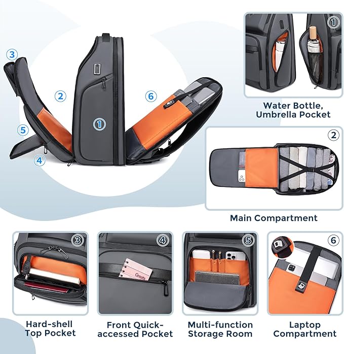 Grey Business Backpack for Men, Fits 17 Inch Laptop Water Resistant 45L Travel Bag with USB Charging Port, Expandable Men's Backpack for Work/College/Commuter