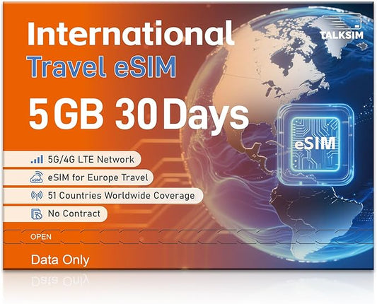 International eSIM 5GB 30 Days, 5G 4G LTE Travel eSIM for 51 Countries |USA, UK, Europe, Asia, Oceania, Data Only Prepaid eSIM for Unlocked Devices, No Contract, No Voice/SMS
