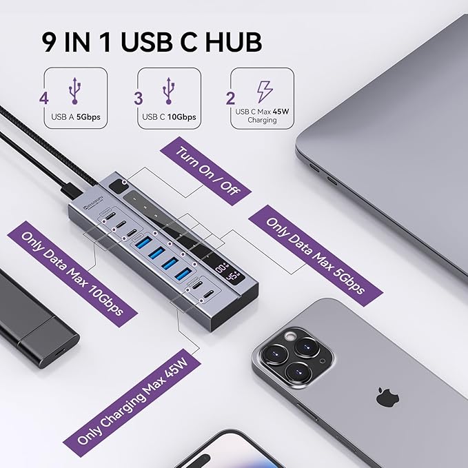 Minisopuru Powered USB C Hub – Support Max 45W Charging with 65W USB-C Power Adapter, 10Gbps, USBC Hub Charging for Meta Quest Pro, Steam, iPad Pro, iPhone, Watch (Not for Monitor)