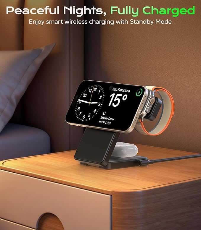 3 in 1 Magnetic Charging Station, 15W Fast Wireless Charger Compatible with MagSafe Charger Stand for iPhone 17 16 15 14 13 12, Apple Watch Charger & AirPods, Foldable Travel Charging Dock, Black