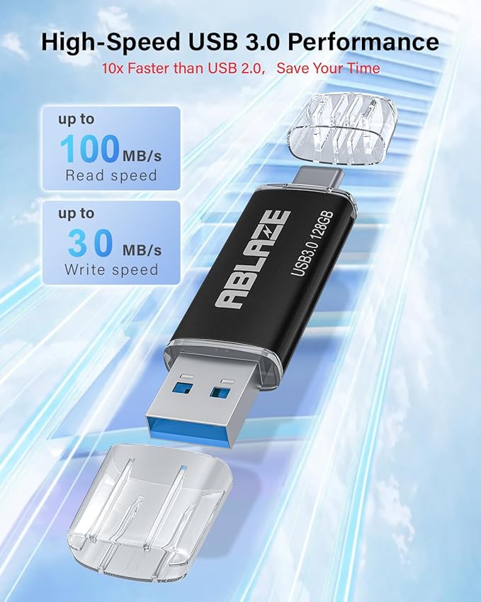 ABLAZE Type C Flash Drive 128GB, Dual USB 3.0+ USB C Flash Drive Compatible with iPhone 16/15,Android Smartphone,Computer,Tablet Mac Laptop