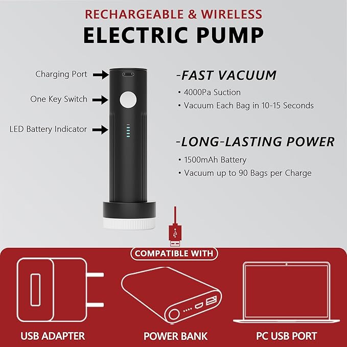 SUOCO Travel Pack Vacuum Kit, Travel Vacuum Bags with Wireless Electric Pump, Clothing Compression Packing Cubes for Carry-On Luggage Backpack Suitcase, 1 Small/1 Large