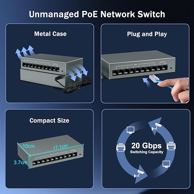 YuanLey 8 Port Gigabit PoE Switch with 2 Gigabit Uplink, 8 Port PoE+ 1000Mbps, 85W 802.3af/at, Extend Function, Metal, Fanless, AI WatchDog, Unmanaged Plug and Play Smart Detection Ethernet Switch