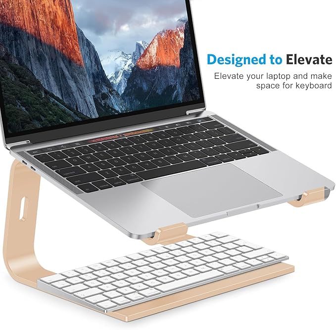 OMOTON Laptop Stand, Detachable Laptop Mount, Aluminum Laptop Holder Stand for Desk, Compatible with MacBook Air/Pro, Dell, HP and All Laptops (11-16 inch), Gold