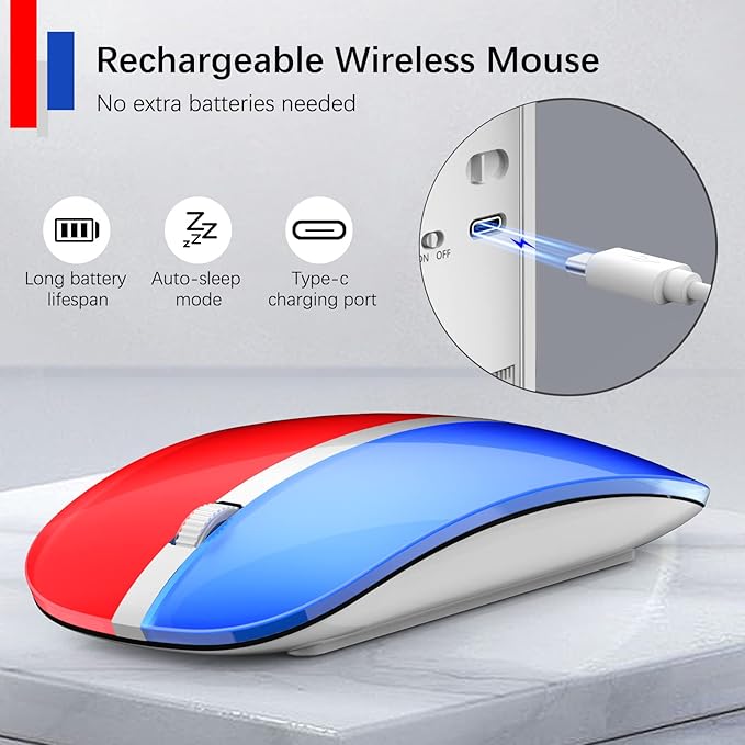 JOYACCESS Rechargeable Wireless Mouse, 2.4G Portable Slim Silent Mouse with USB Receiver and Type C Adapter, 5 Level 3000 DPI, Works with Mac or iPad (Blue & Red)