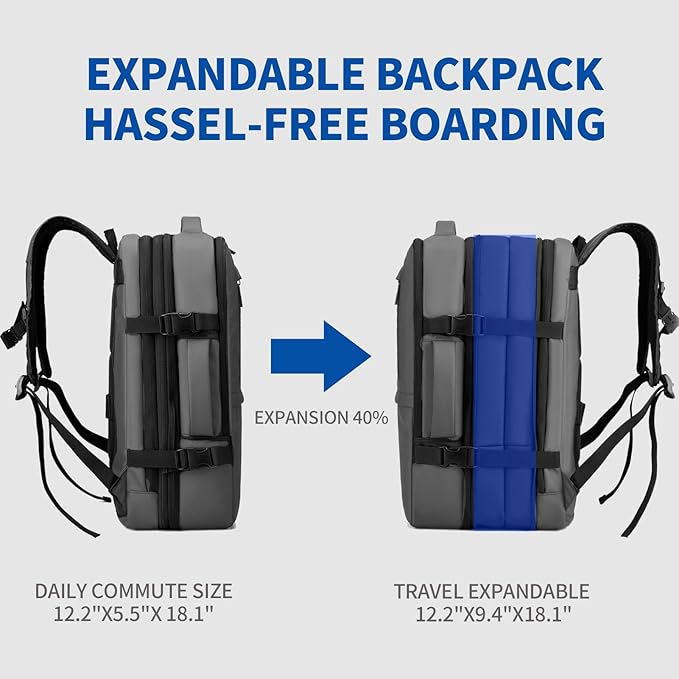 Travel Backpack for Men Women, Expandable Backpacks with Charging Port for Business Work Commute Casual, Grey