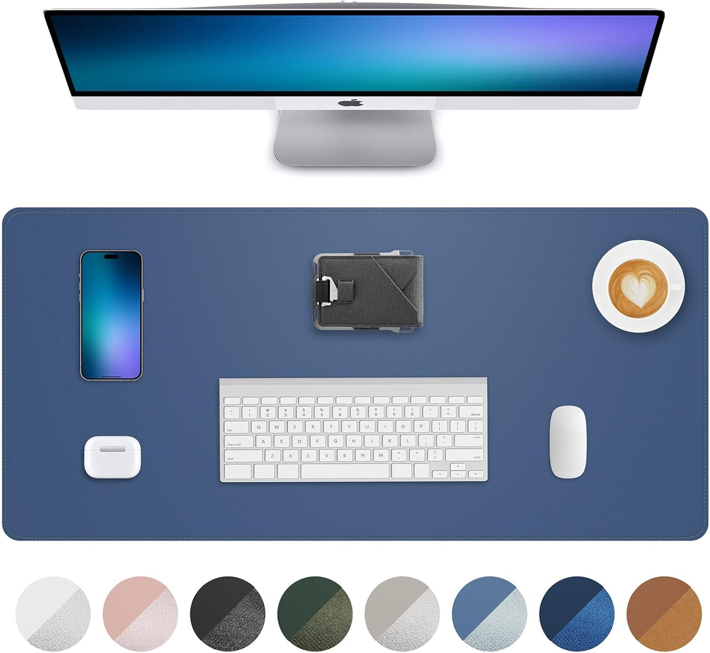 Leather Desk Pad Protector, Large Mouse Mat, Non-Slip Waterproof PU Leather Blotter, Office and Home Cover (Grey Blue, 36" x 17")