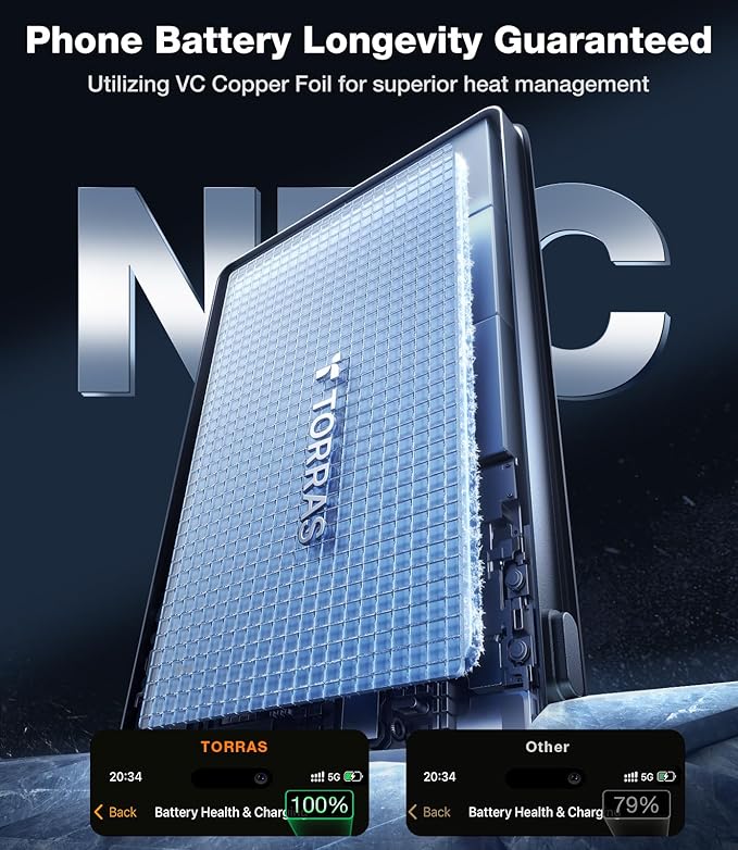 TORRAS MiniMag Power Bank, Ultra Slim 5,000mAh Wireless Portable Charger with USB-C Cable, Fast Charging iPhone Air Mag-safe Battery Pack, Compatible for iPhone 17 Pro Max/16/15/14/13/12, Glacier Gray