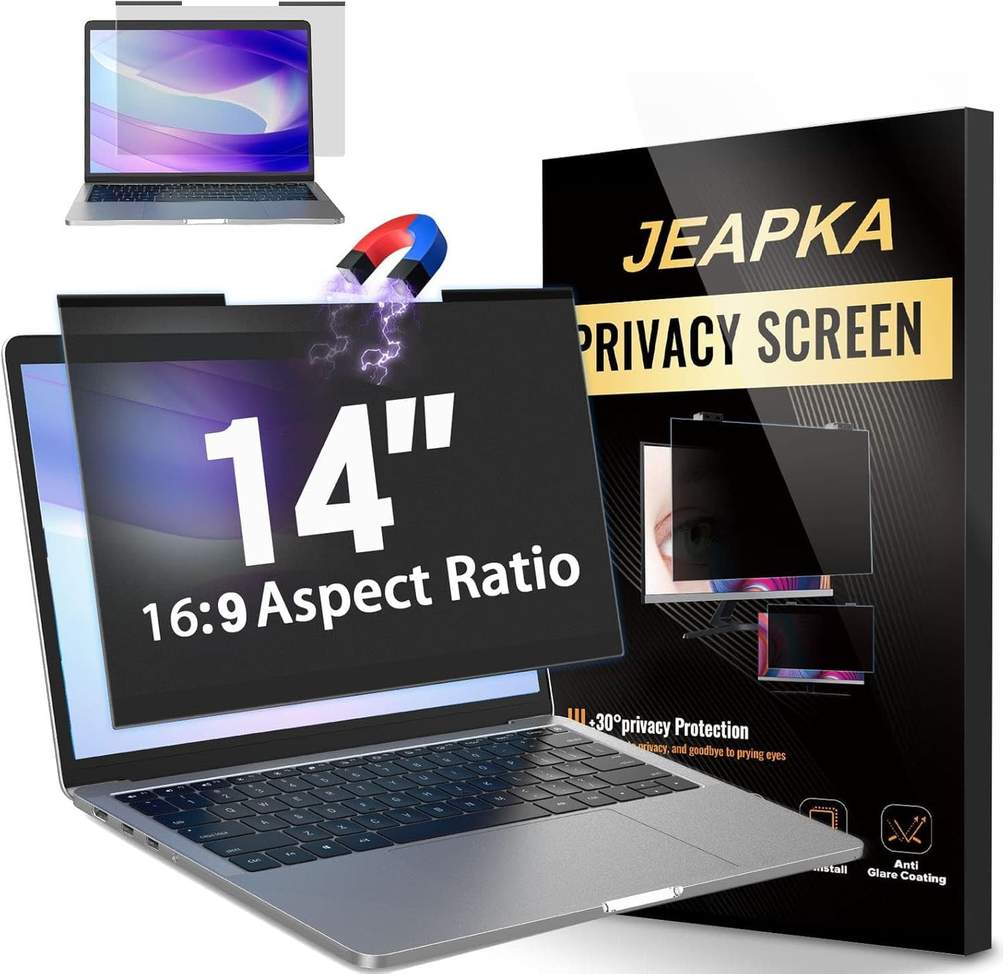 Magnetic Laptop Privacy Screen Filter 14 inch for 16:9 Widescreen Computer Monitor, Removable Anti Blue Light Privacy Shield, Anti-Glare Protector