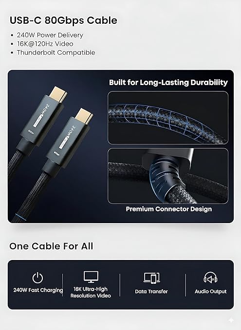 USB C Cable 4ft Thunderbolt 5/4 Supported, 80Gbps Data Transfer, 240W Fast Charging, Up to 120Gbps Bandwidth, Compatible with 8K/4K Display,for iPhone 17/16/15 Pro Max Plus, MacBook