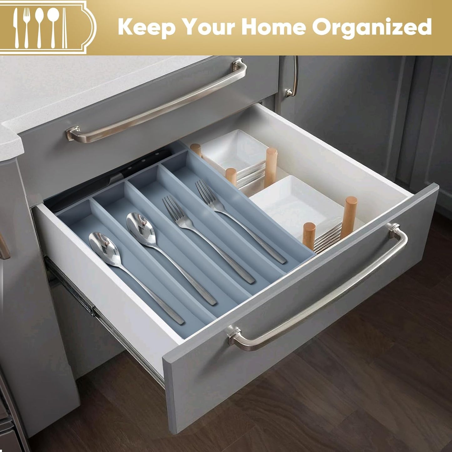 Silverware Organizer, 2 Pack 10 Inch Utensil Organizer Kitchen Drawer Organizer Bamboo Silverware Holder Cutlery Tray Organizer in Drawer Flatware Organizer Tray(5 slots, Gray）