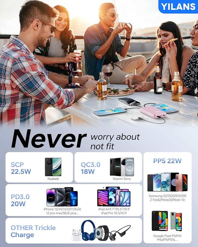 Portable Charger, 42800mAh Power Bank Built-in Cable, 22.5W PD USB C In & Out Fast Charging, External Battery Pack with 6 Output & 2 Input, Travel Phone Charger for iPhone 16/15/14/13/12 (Pink)