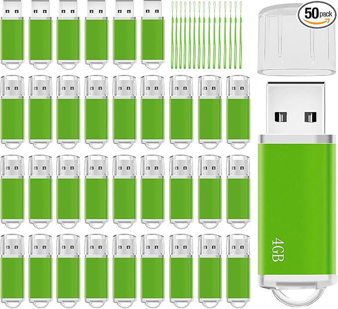 Memorias USB 4GB Flash Drive 50 Pack, USB 2.0 Thumb Drives Bulk Memory Sticks 4GB FAT32 USB Flash Drives Bulk Jump Drives Multipack Pack of 50 with Lanyard(Green 50 Packs 4 GB)