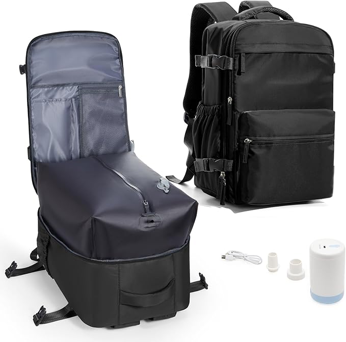 Vacuum Travel Backpack with Pump for Women,Airback Personal Item Carry on Backpacks Flight Approved for Men,Laptop Waterproof Work Compression bags Casual Daypack(Black)