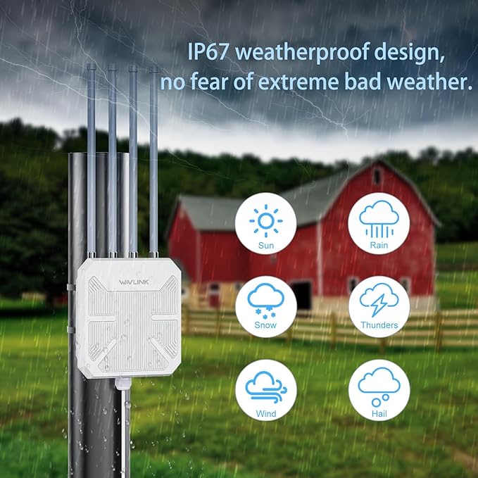 WAVLINK AX1800 Outdoor WiFi 6 Extender Long Range, IP67 WiFi 6 Outdoor Access Point, Active PoE, 4x8dBi Antennas,Work with Starlink/Cameras/Router, Up to 128 Devices for Farm,Yard,RV,Campsite,Park