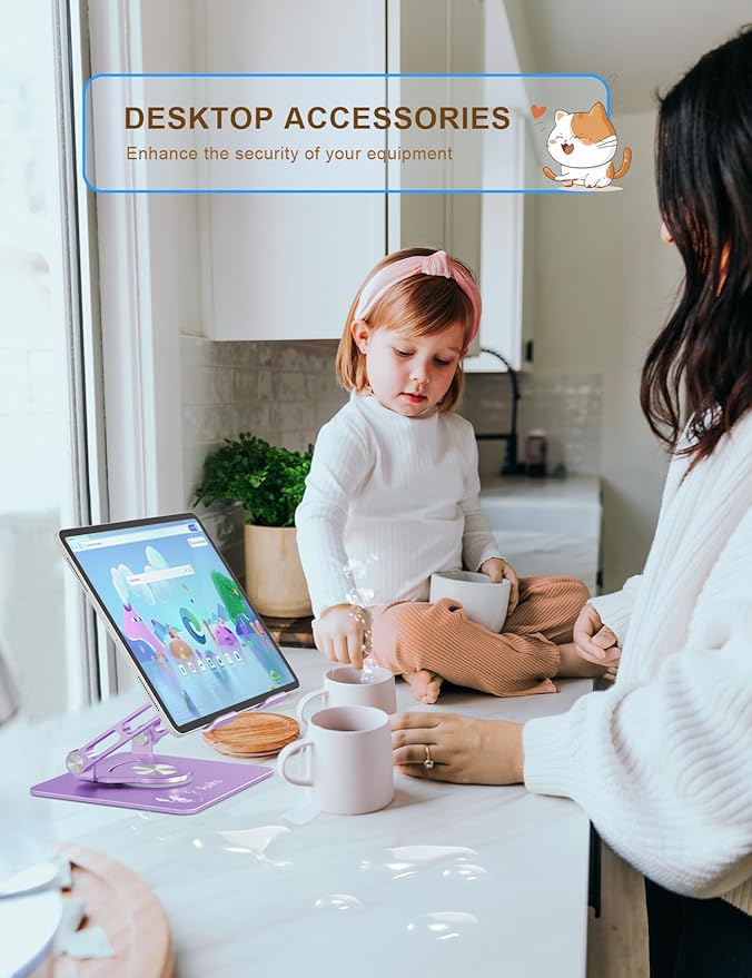 Tablet Stand 360° Rotating Aluminum Holder - Adjustable, Portable & Foldable Monitors Stand for iPads, Compatible with 4-13.3" Tablets, Purple