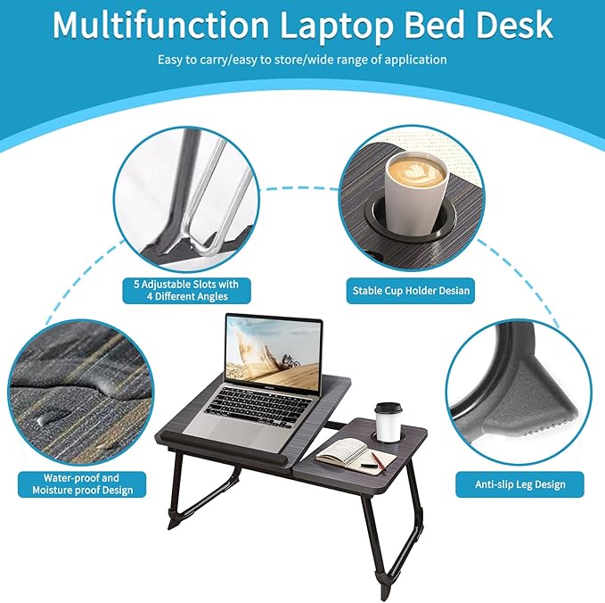 CloudTrip Laptop Desk for Bed or Couch, Lap Desk, Woking in Bed Desk, Home Office Desks, Breakfast Tray, Desk with Cup Holder, Watching Movies in Bed, Laptop Stand for Bed, Fordable Legs Desk (Black)