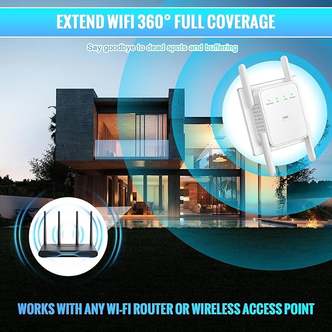 WiFi Extender Signal Booster-WiFi Booster 1200Mbps Dual Band (5GHz/2.4GHz) 360 Full CoverageUp to (10000 sq.ft) and 35 Devices 1-Tap Setup, WiFi Repeater with Ethernet Port(White)