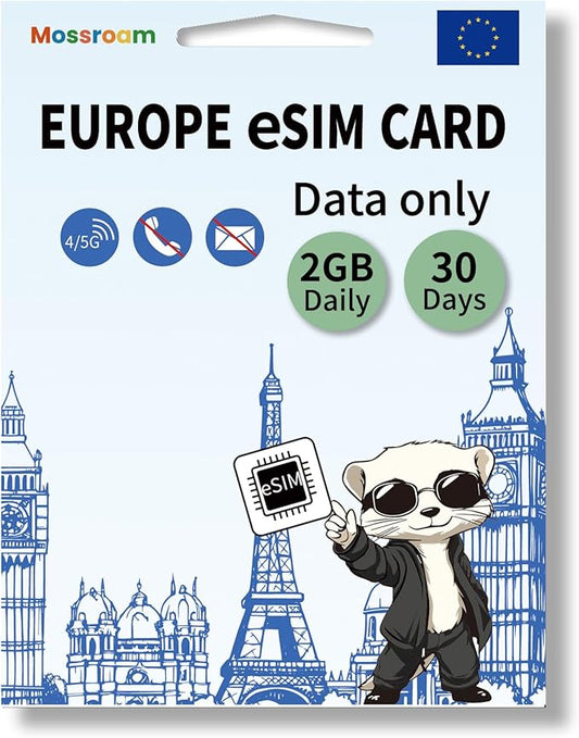 eSIM for Europe Travel,2GB Data/Daily 30 Days at 4G/5G speeds,Data Only eSIM,Use Europe eSIM in UK & 30+ Countries in The EU