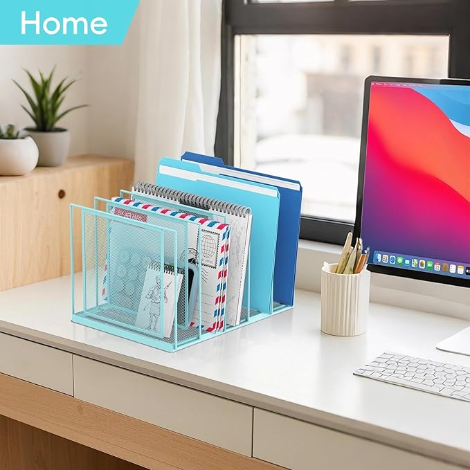 File Organizer for Desk, 5-Section Vertical File Sorter, Paper Holder Organizer Standing Metal File Folder for Office Home Classroom, Blue